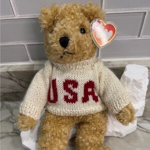 Ty Beanie “Baby Curly” Teddy Bear Plush w/ USA Sweater Heart Tag Vintage